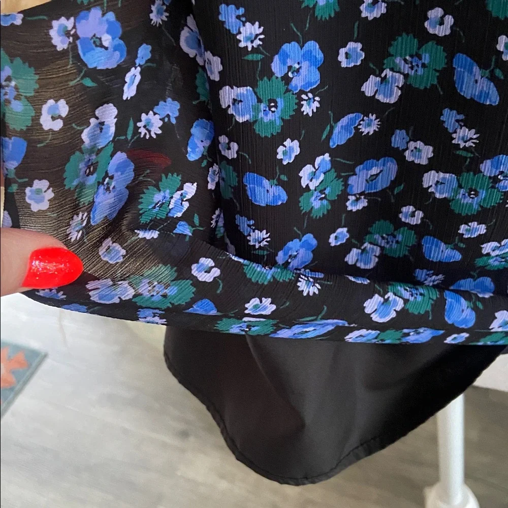 J. Crew mock neck smocked blouse top black & blue floral print crepe spring M